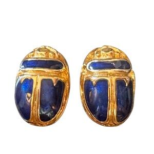 Retired Beautiful ROM 18k Gold-Plated Scarab Egyptian Earrings with Blue Enamel